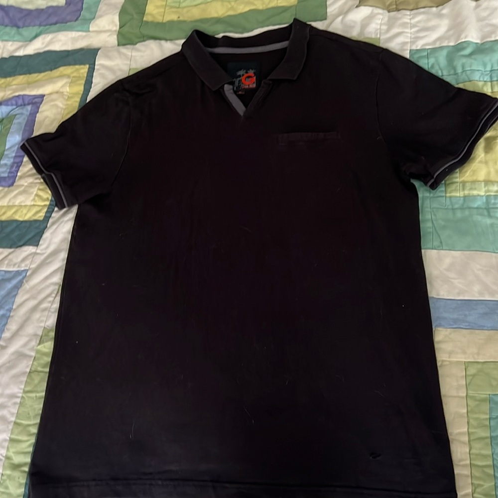 Guess black, cloth buttonless collared shirt with faux front pocket